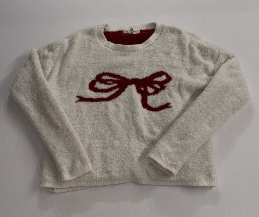 Happily Grey Women’s White & Red Bow Fuzzy Crewneck Sweater Size S